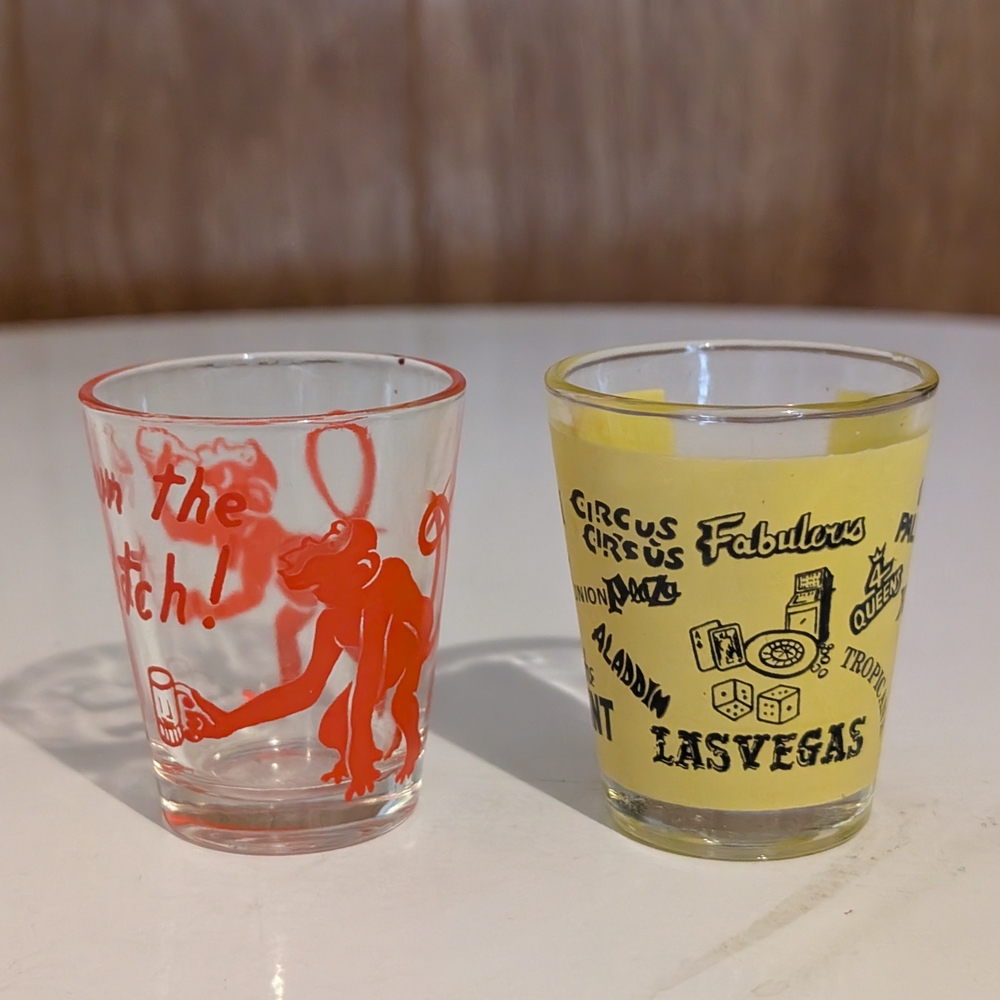 Vintage Shot Glass Set - Las Vegas - Down The Hatch Drunken Monkey - Mid Century